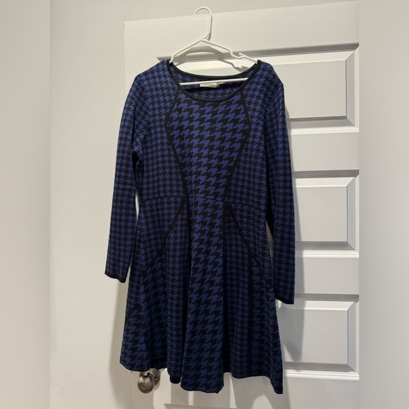 Calvin Klein Blue and Black Houndstooth Sweater Fit and Flare Dress - Picture 2 of 4